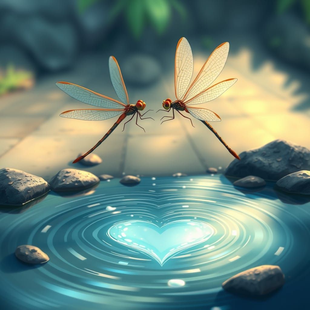 Dragonflies Rise from Heart-Shaped Stream in Vibrant Studio ...