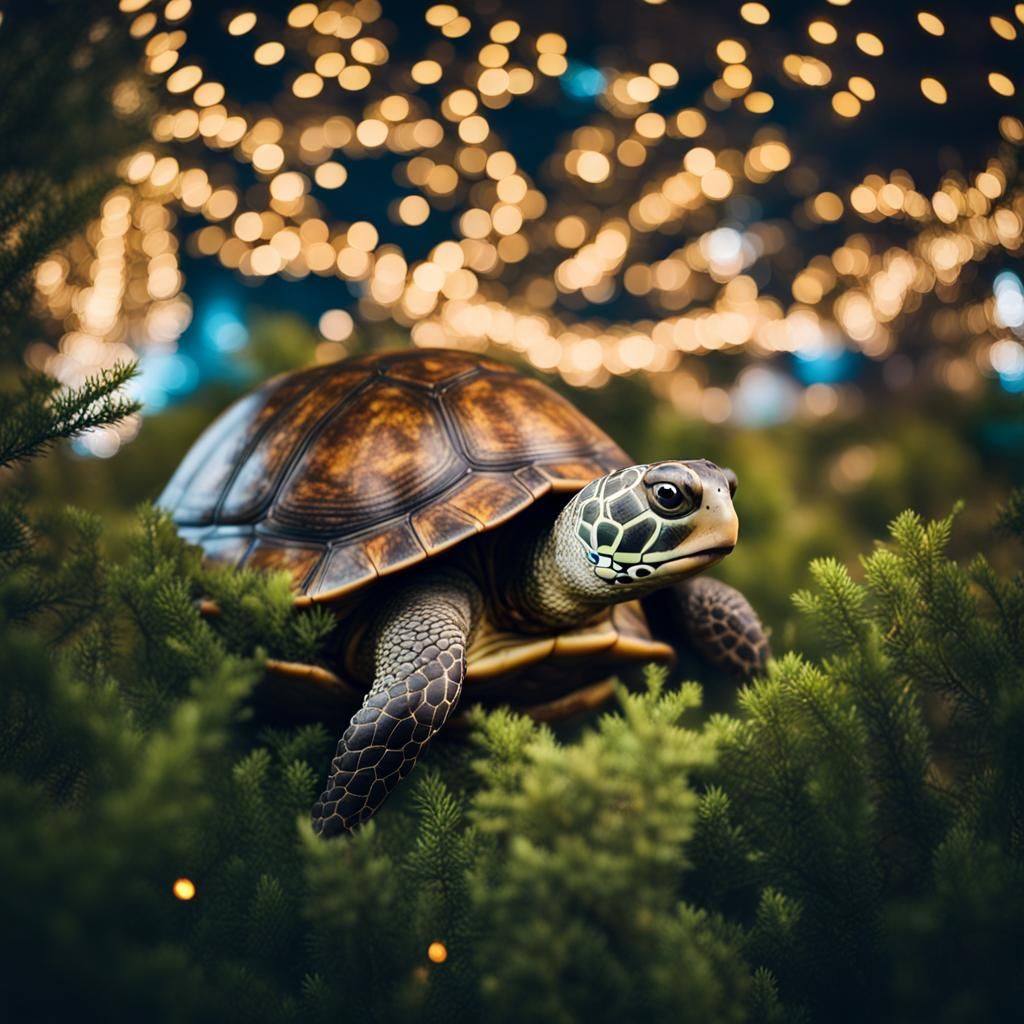 Turtle Hiding in Christmas Tree with Lights