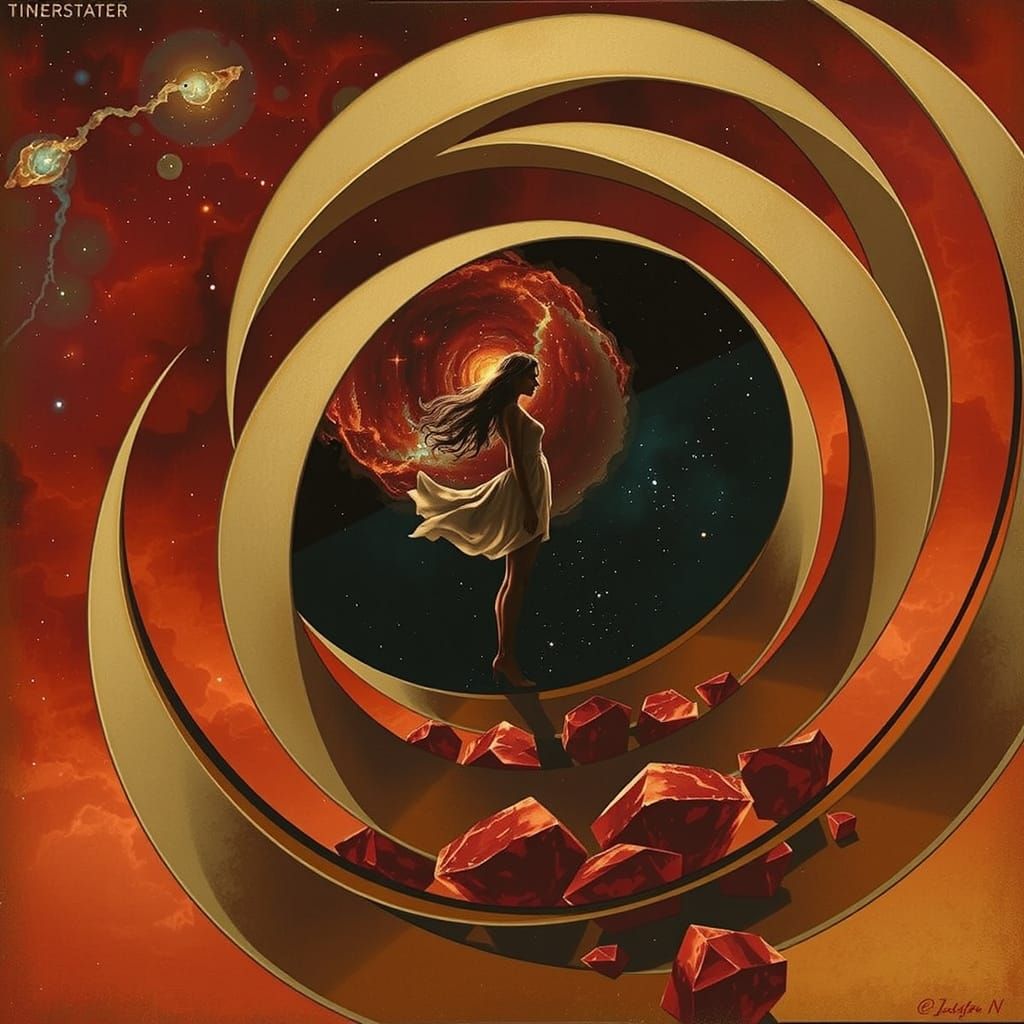 Woman on Crystalline Plain with Abstract Hair in Cosmic Nebu...