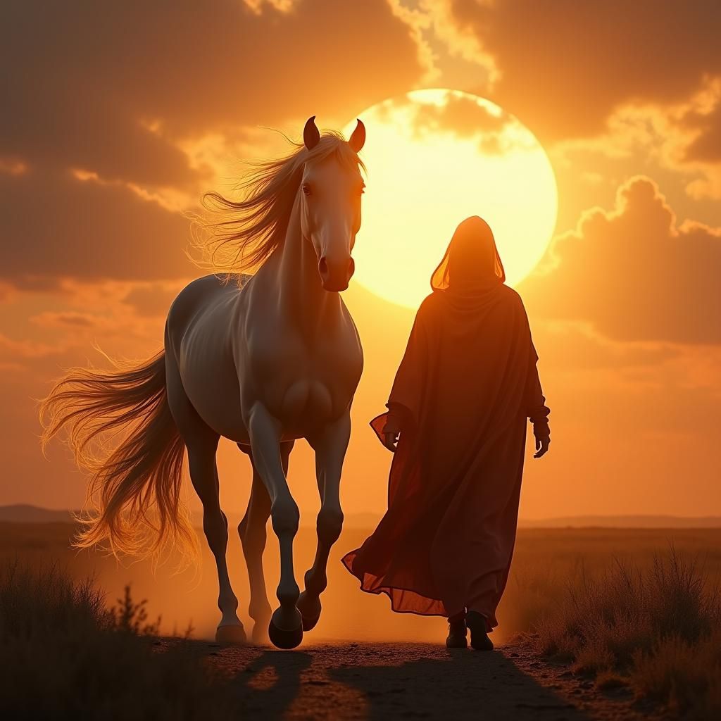 Woman and Horse Walking Towards Blazing Sun