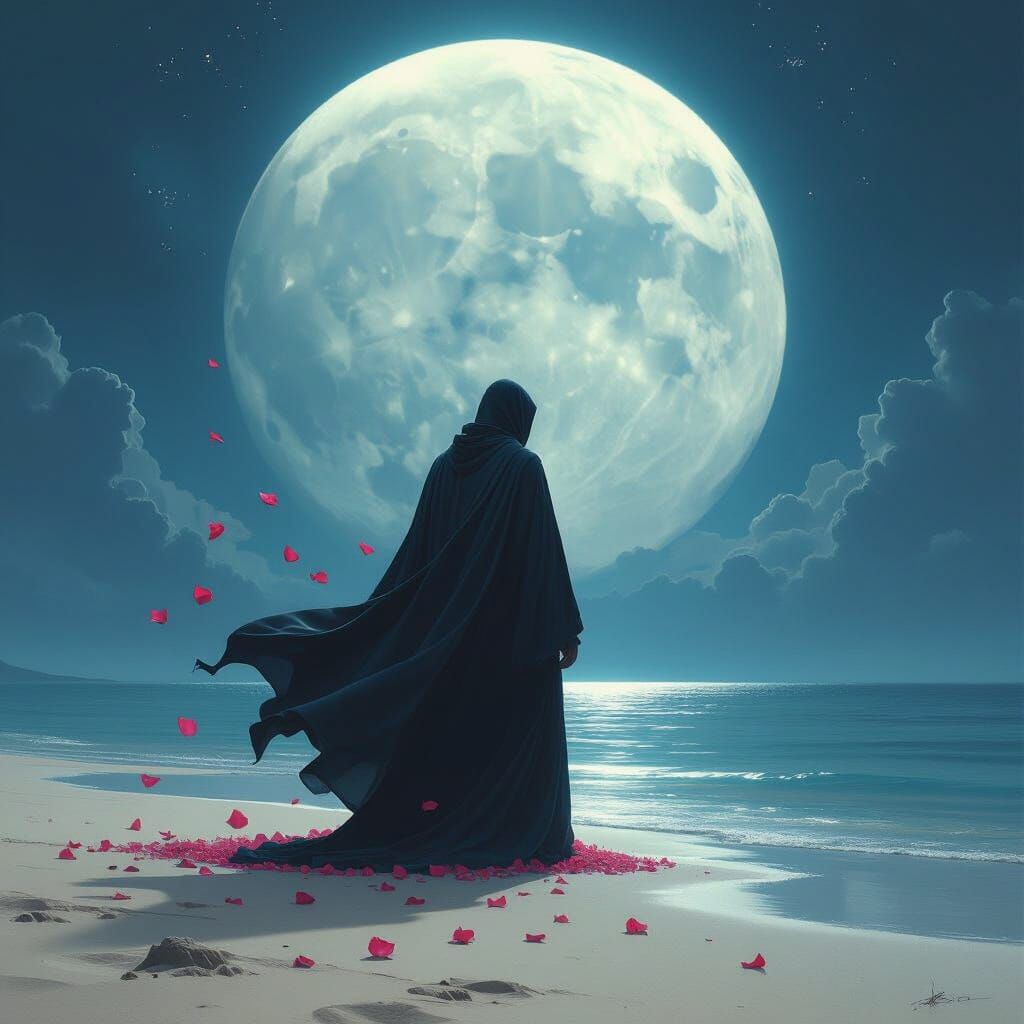 Man Dissolving into Petals Under Cratered Moon