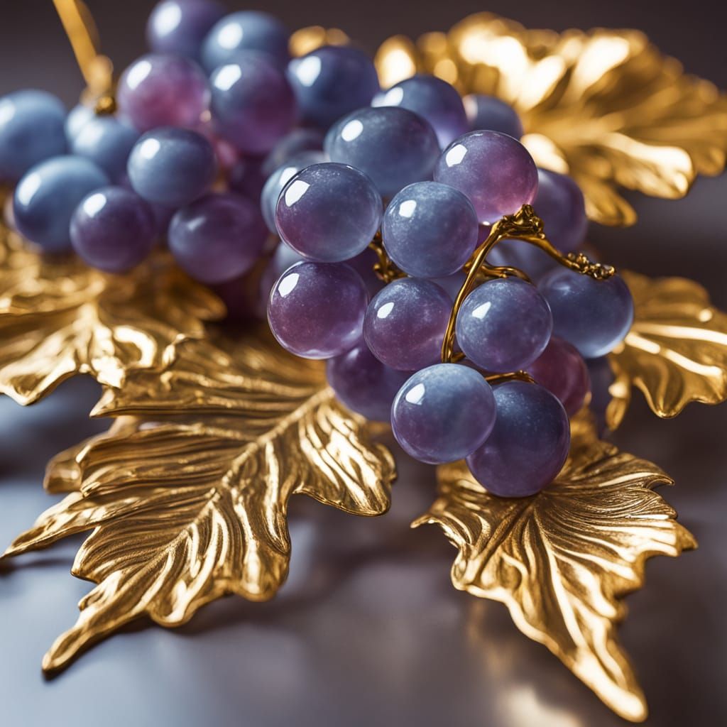 Glass Grapes Sculpture with Golden Swirls and Crystal Leaf
