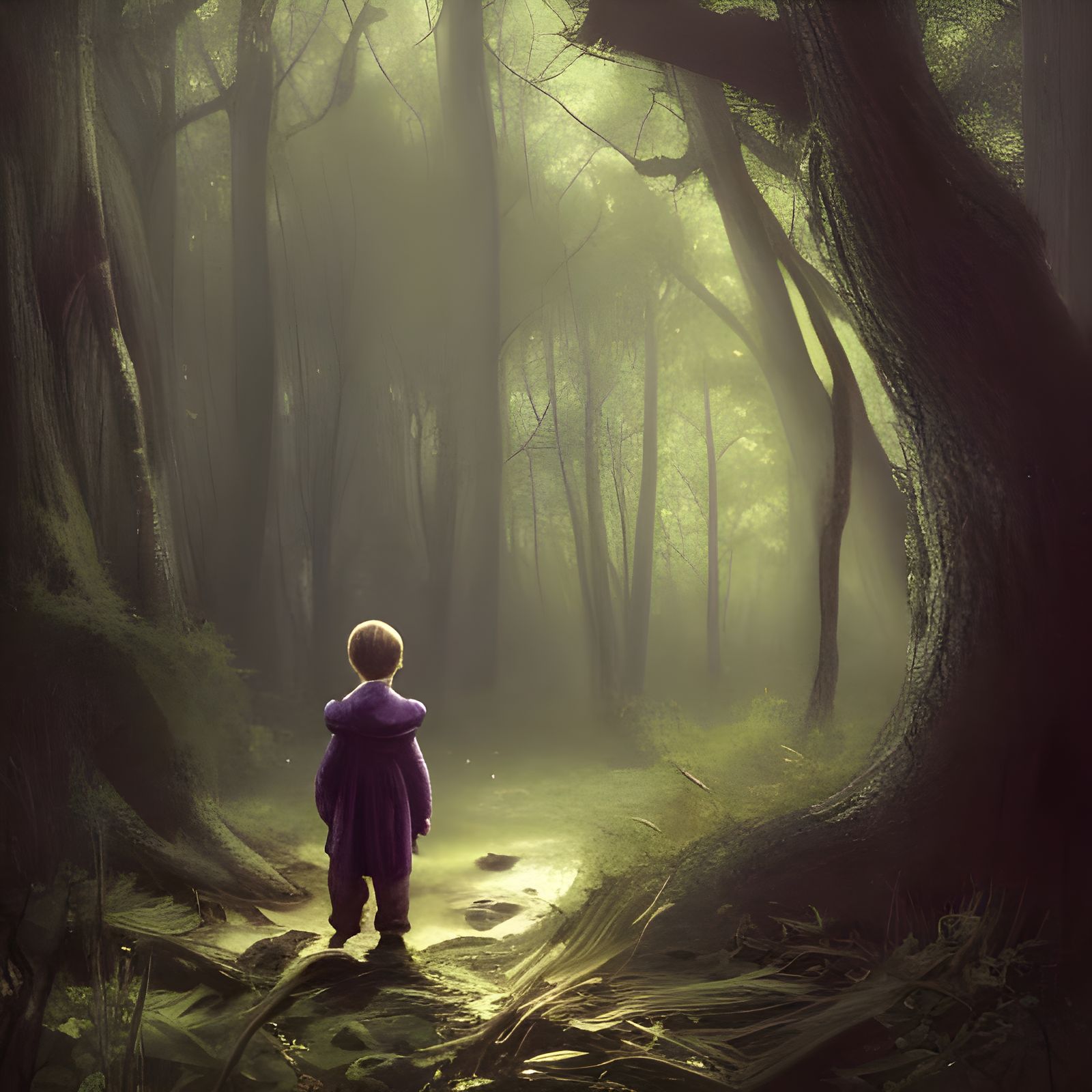 Lost Boy in Dark Forest: Detailed Fantasy Art