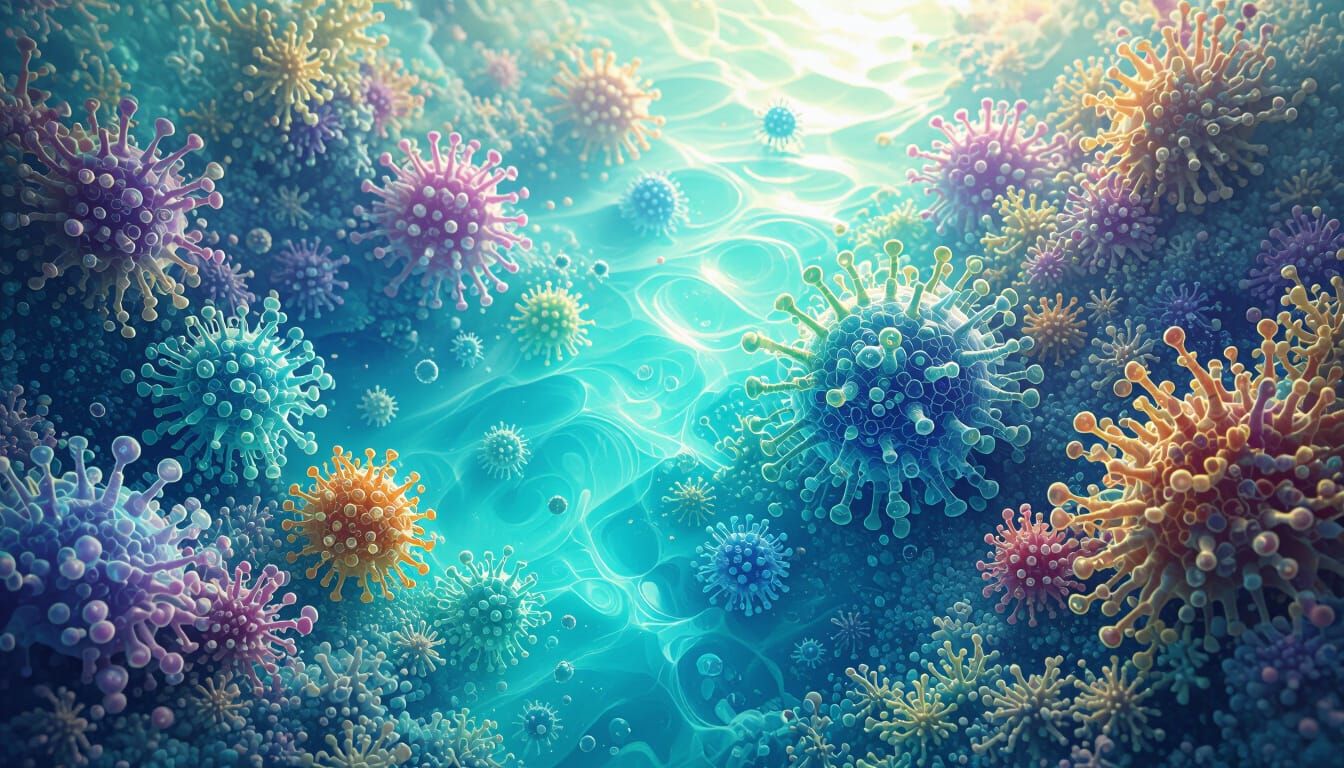 Microscopic World: Turquoise Water with Alien Life Forms