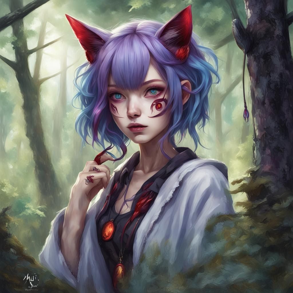Colorful Neko Cat-Girl in Forest with Zodiac Symbols