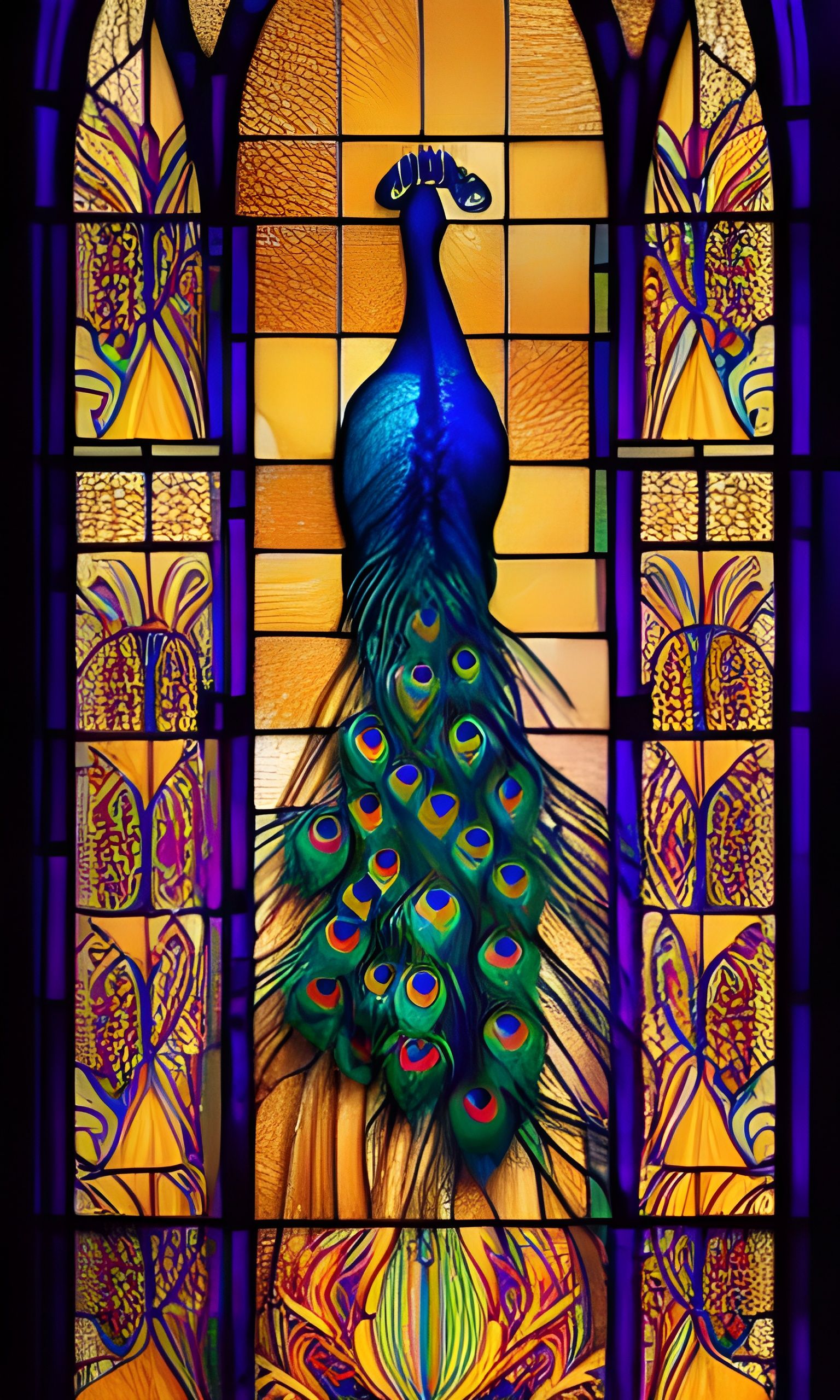 Colorful Stained Glass Peacock in Vaporwave Style