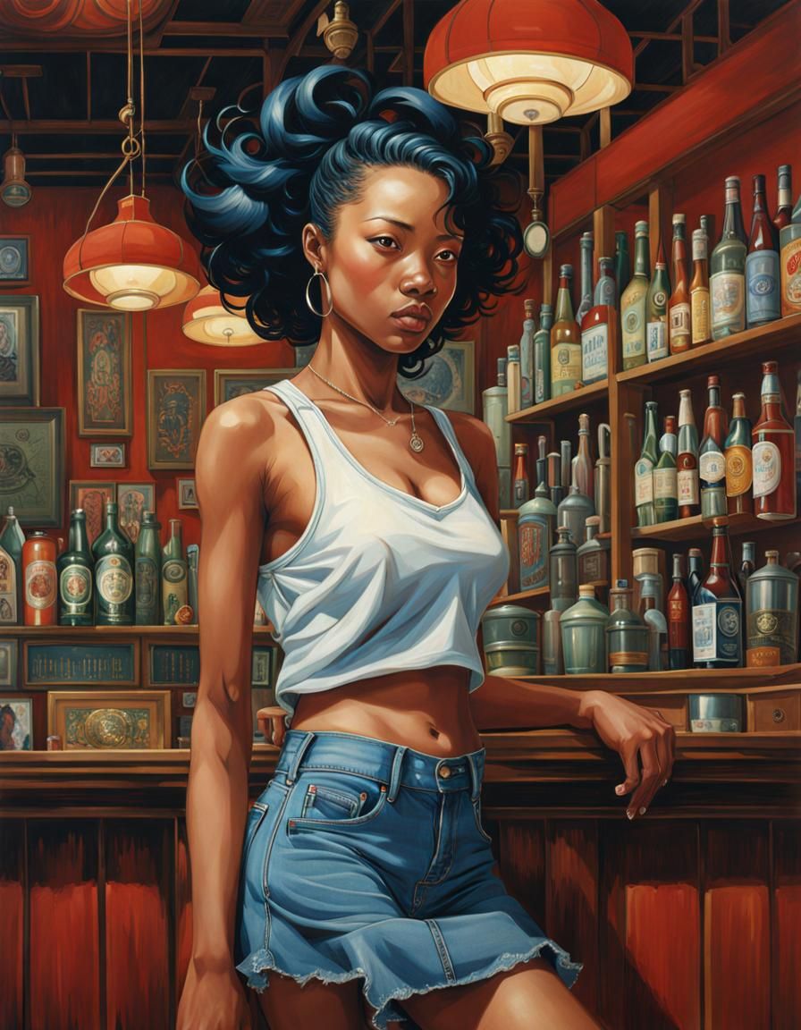 Portrait of Woman in Pub, Surrealist Illustration