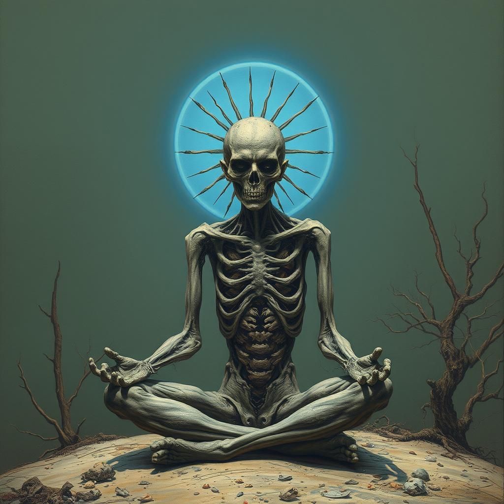 Zombie Meditating with Halo in Dark Surrealist Style