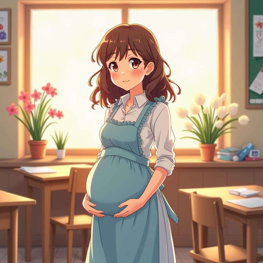 Pregnant Anime Teacher in Pastel Classroom