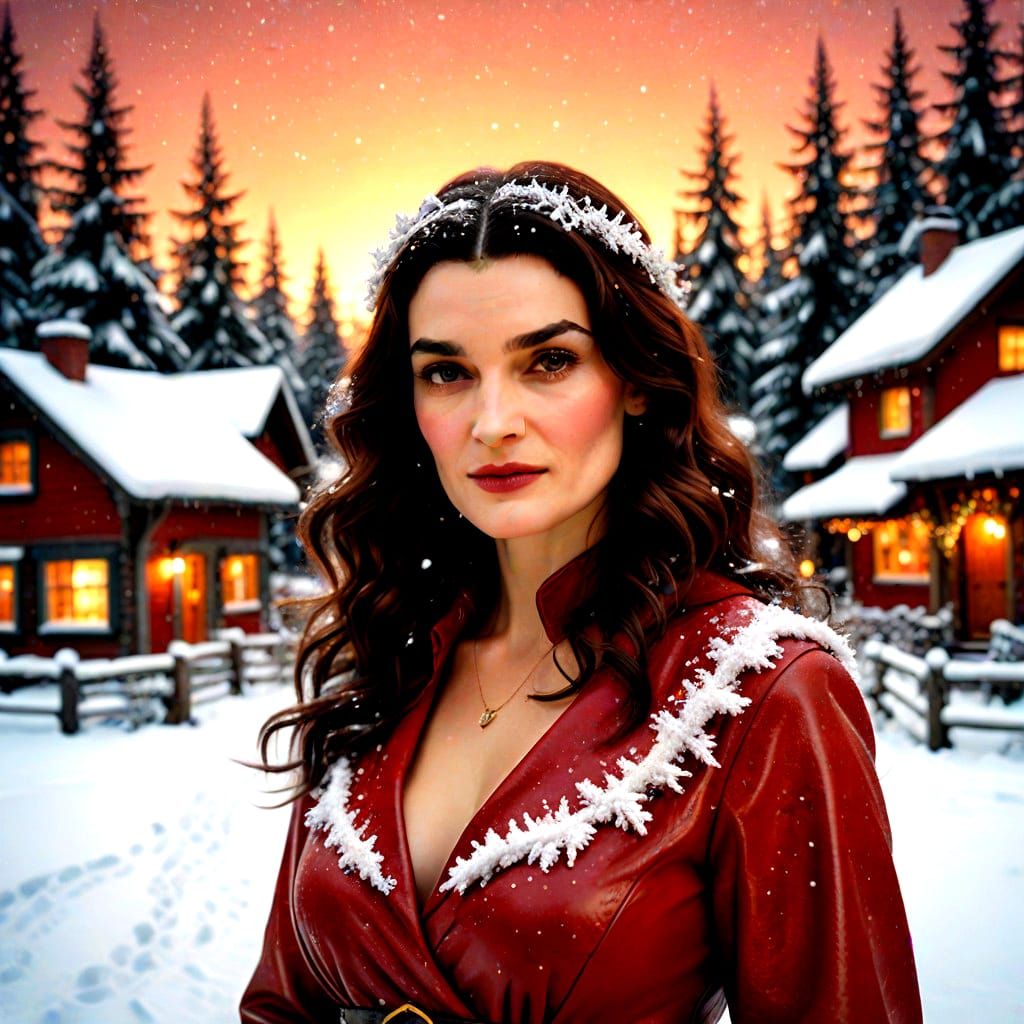 Rachel Weisz as Jolly Mrs Claus in Festive Red Leather