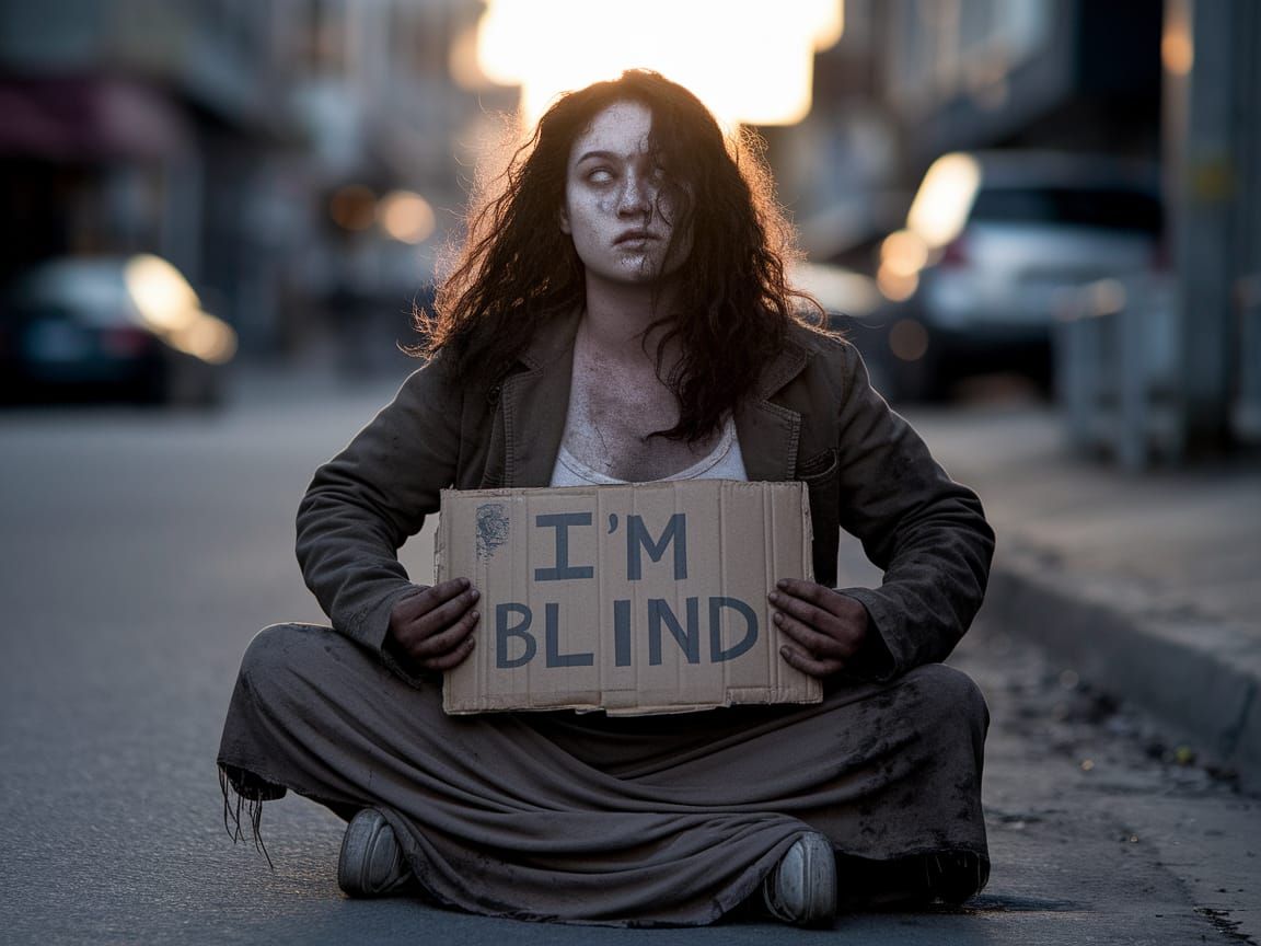 Gritty Portrait of a Blind Young Woman in a Tough Neighborho...