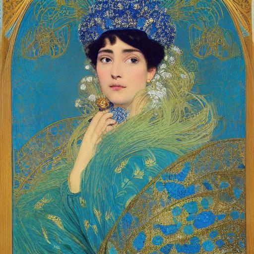 Elegant Woman in Blue Dress, Art Deco Style