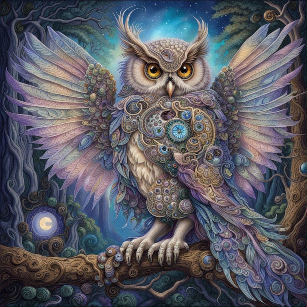 Steampunk Owl with Lace Wings in Moonlight Forest