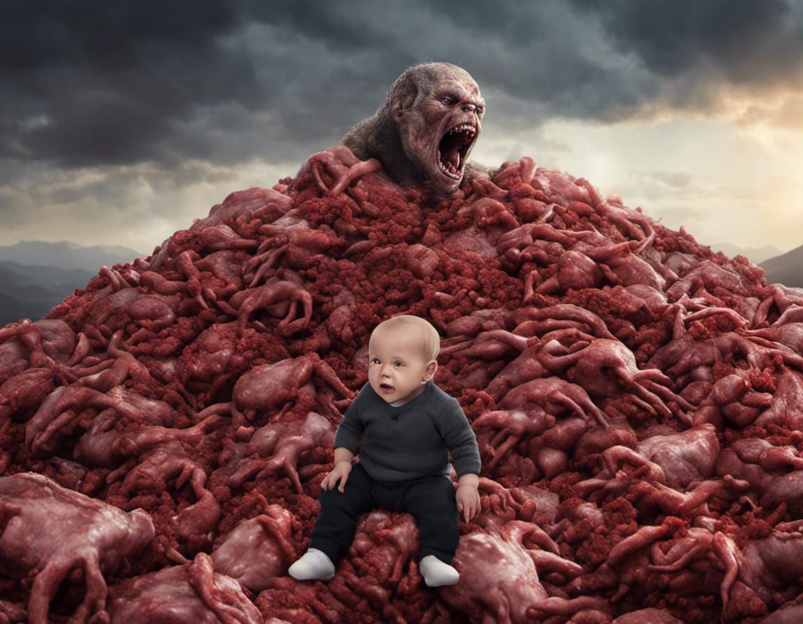 Sinister Baby Portrait on Mountain of Meat