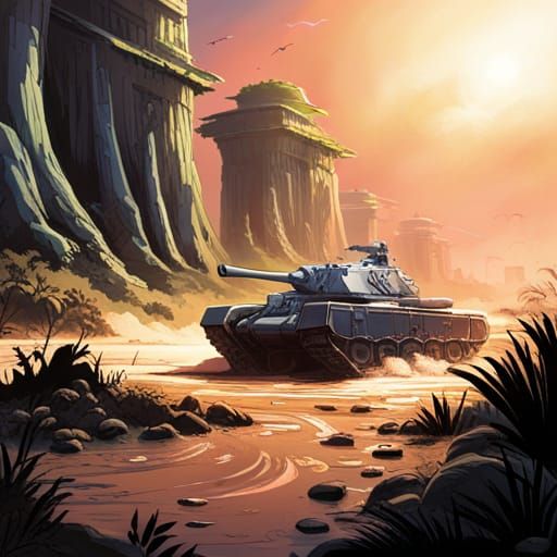 Imperial Guard Tank in Tropical Sunlight: Comic Book Art