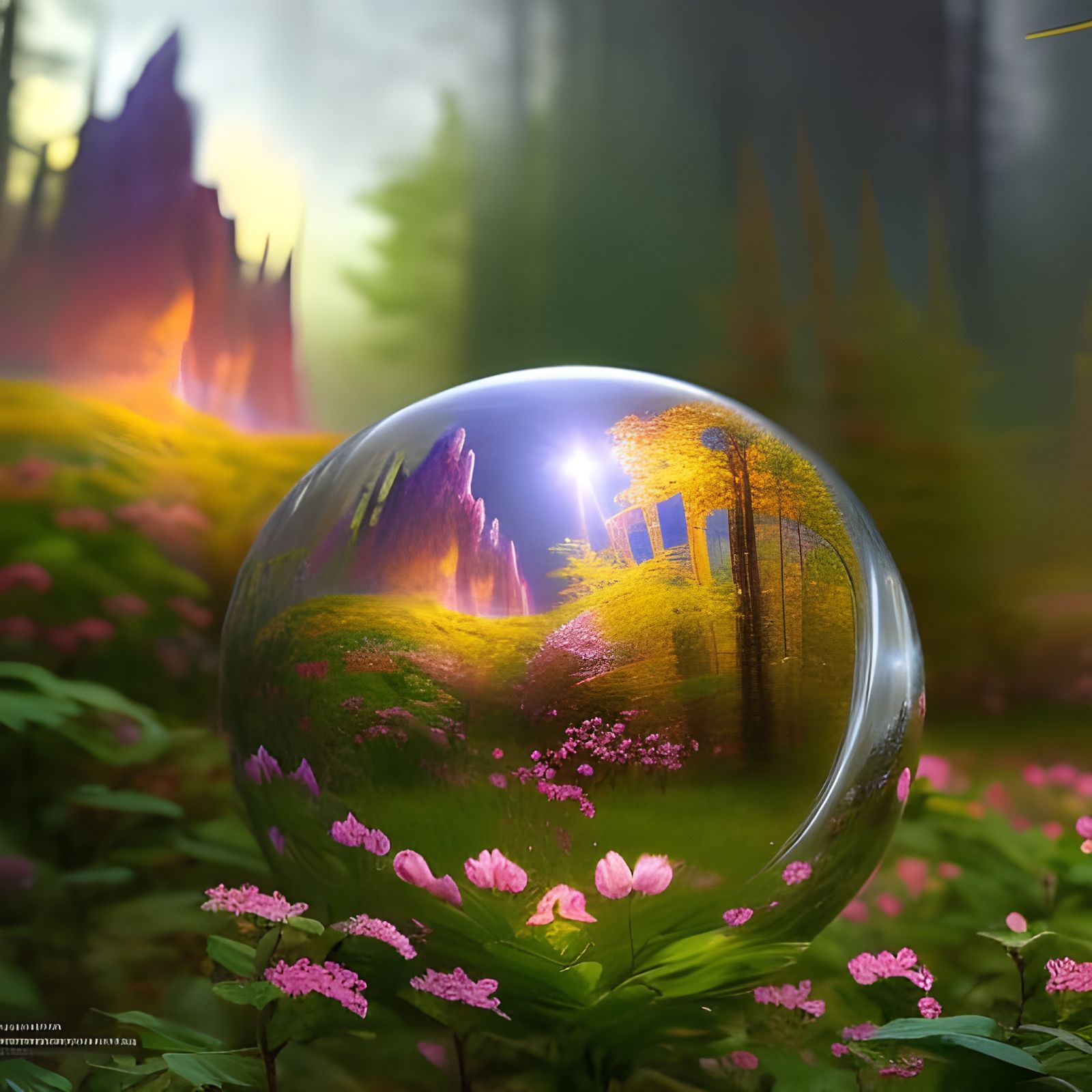 Reflective Orb in Wildflower Fantasy Landscape