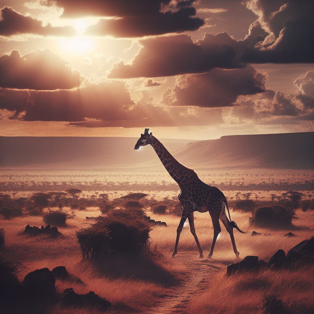 Giraffe Strolls through Cinematic Savannah Landscape