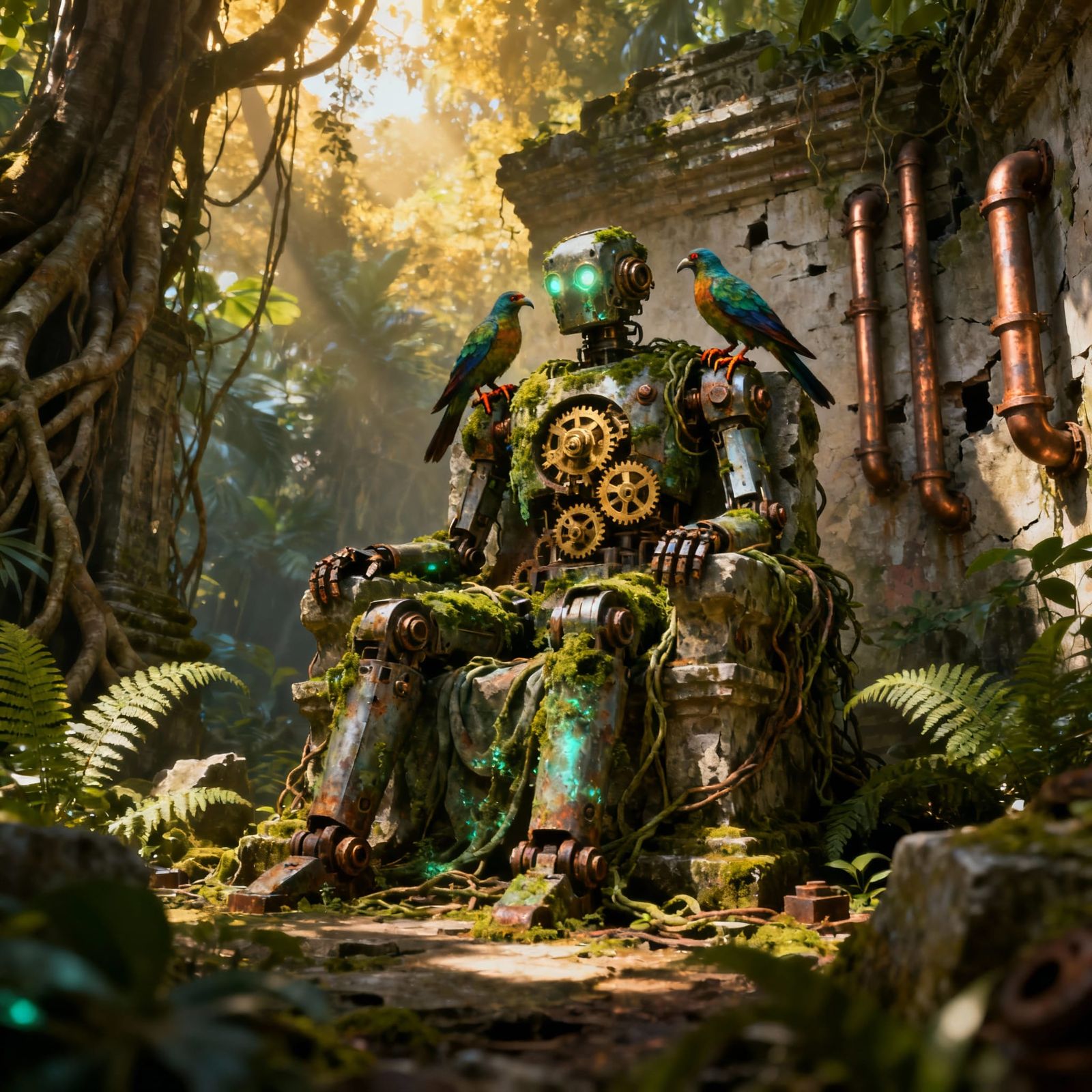 Ancient Automaton on Throne in Jungle Temple