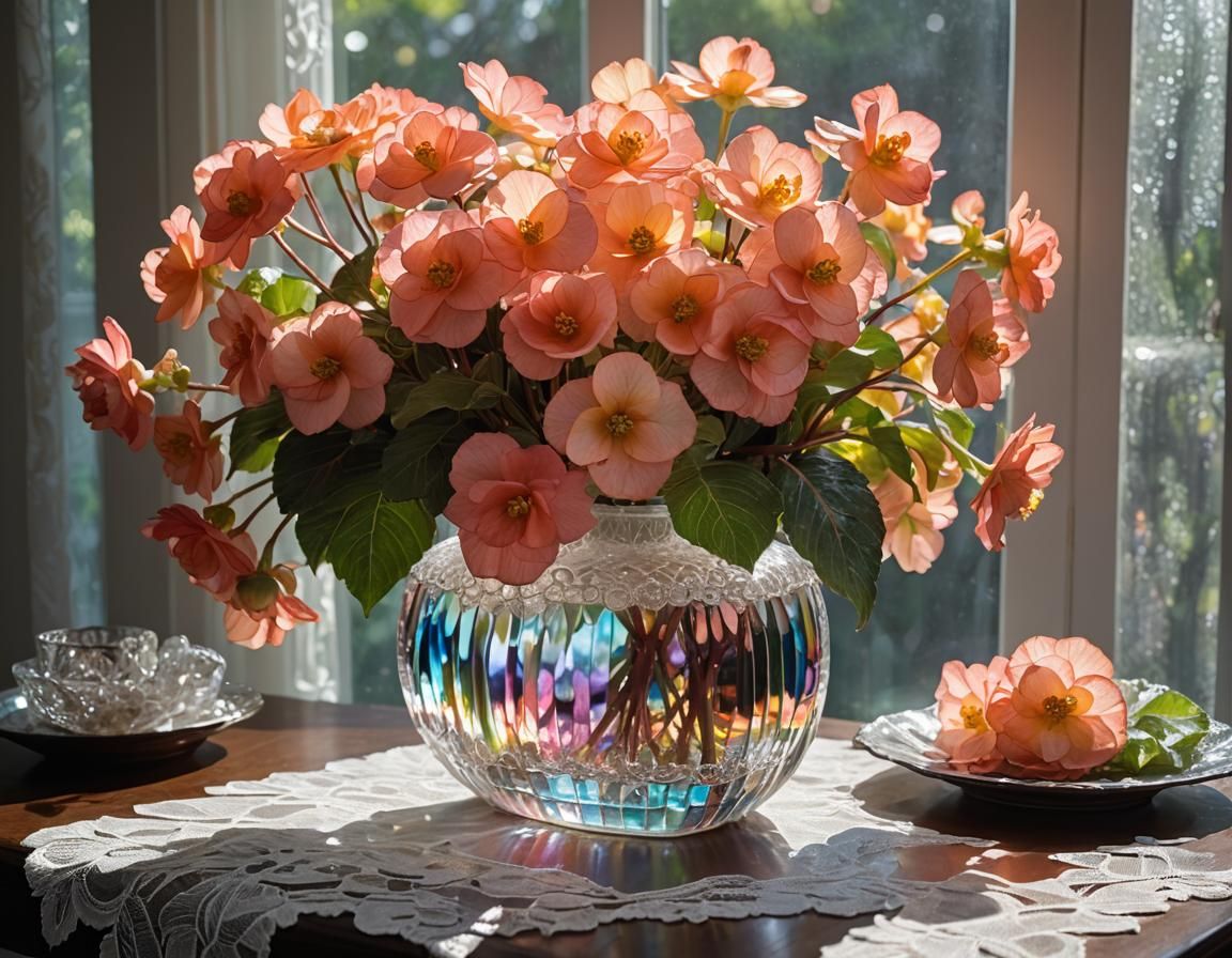 Coral begonia flowers in a crystal vase