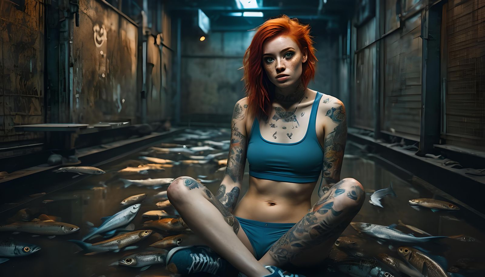 Dystopian Mermaid: Redhead Portrait with Dead Fish