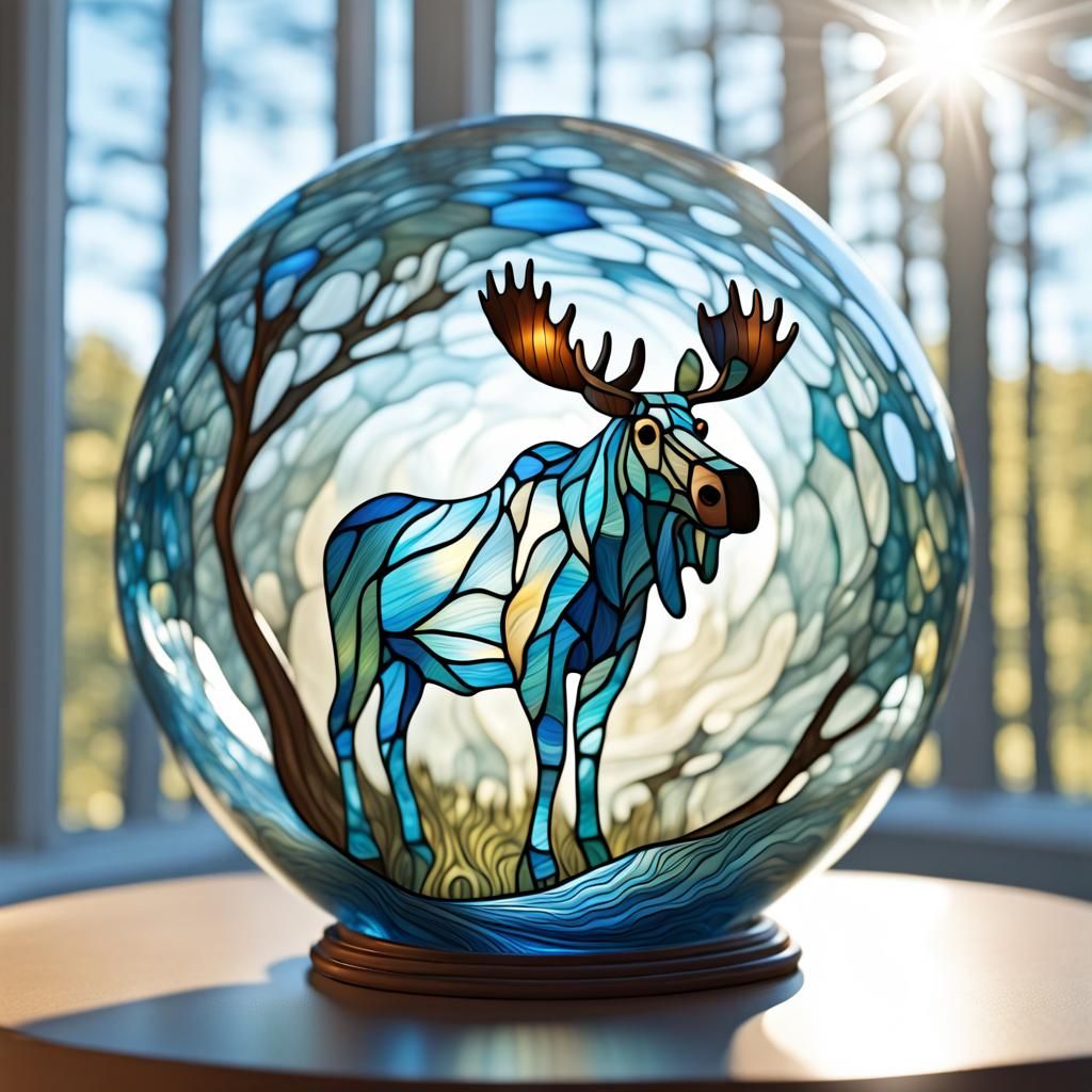Stained Glass Moose Sculpture in Blue Bubble