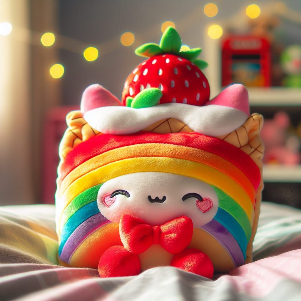 Rainbow Strawberry Pop Tart Cat Plushie on Bed