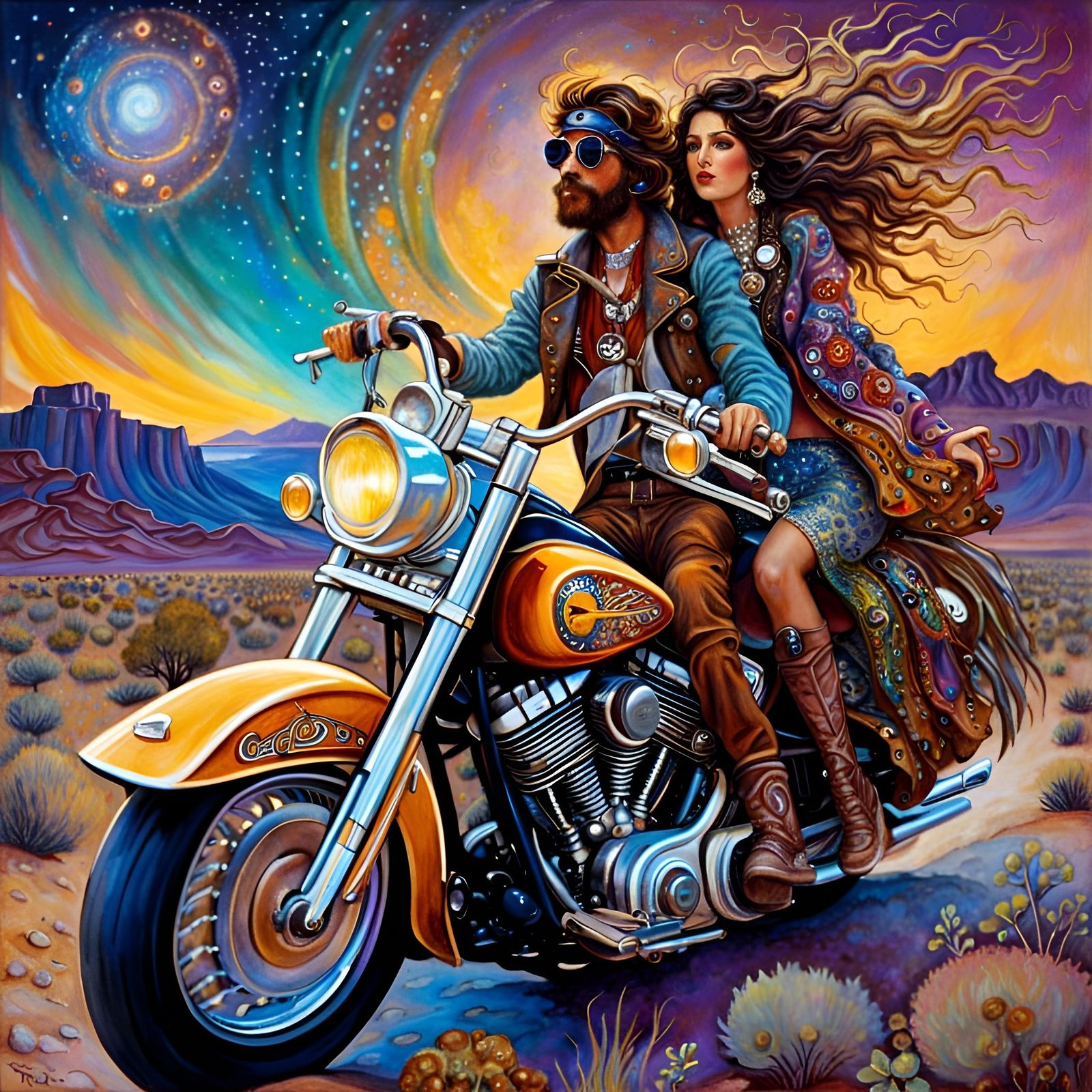 Hippie couple riding Harley-Davidson in Nevada desert