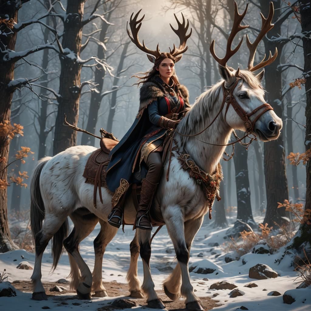 Girl with Antlers on Horse, Detailed Matte Painting