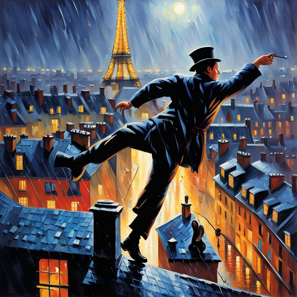 Chimney Sweep's Rainy Dance: Impressionistic Paris Rooftop