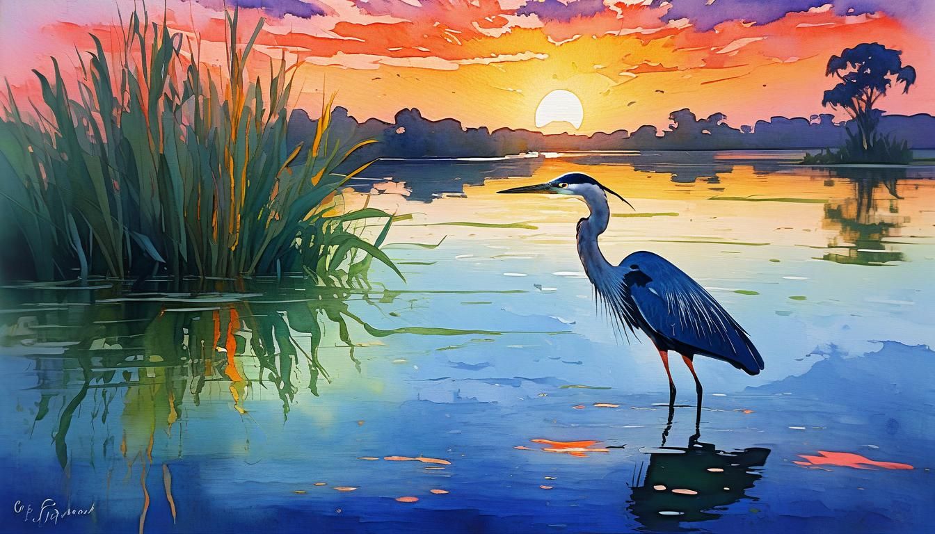 Elegant Heron on Lagoon at Sunset in Gouache Style