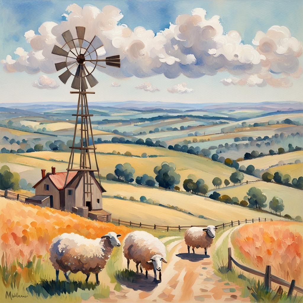 Picturesque Windmill Overlooking Valley in Impressionist Sty...