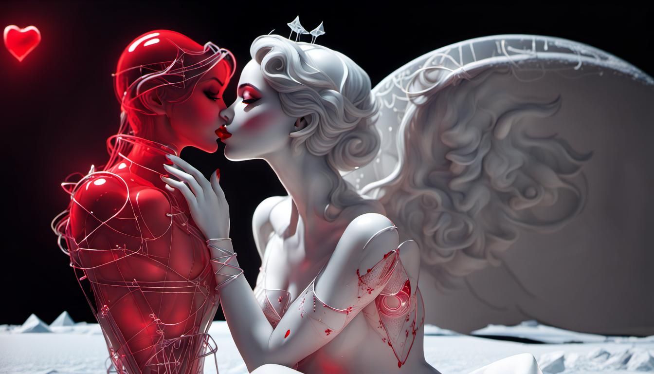 Icy Lunar Palace with Angel in Red Ink