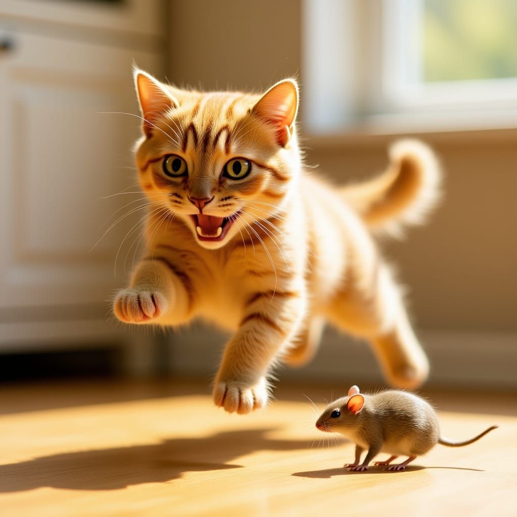 Kitten Leaps Playfully at Mouse on Kitchen Floor