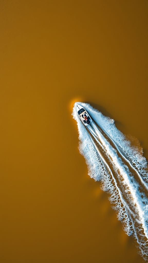 White Speedboat Creates Turbulent Wake on a Yellow Sea