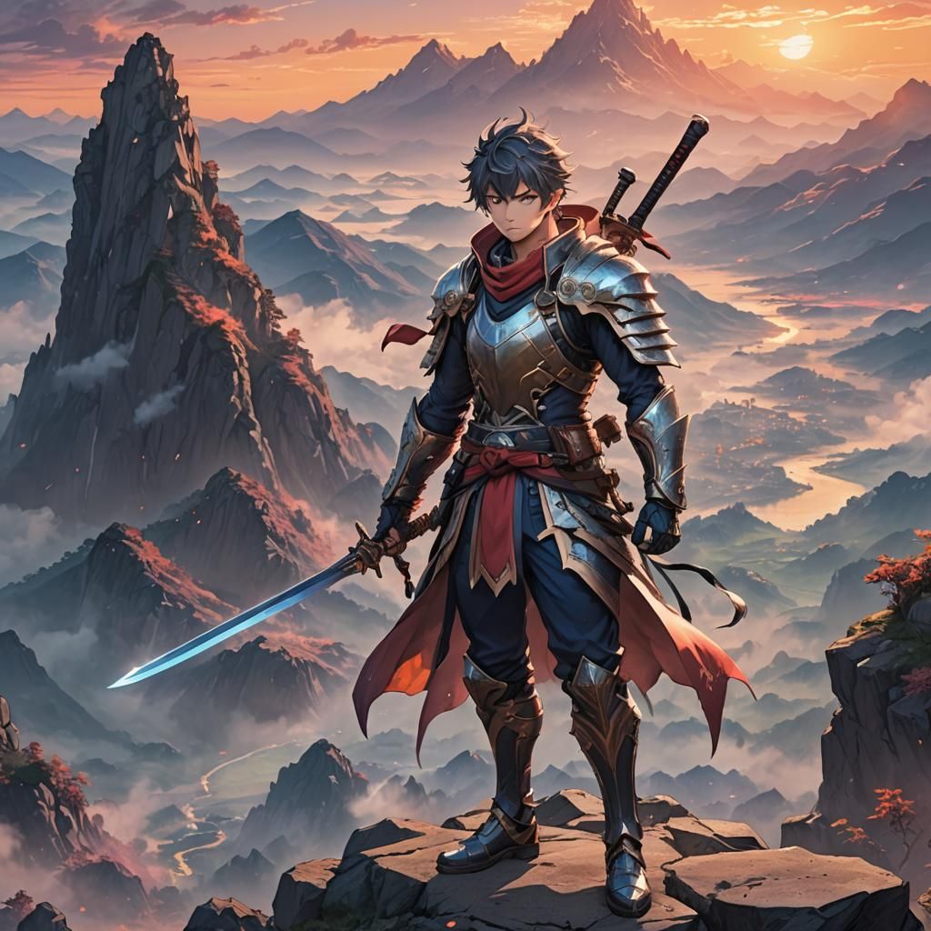 Anime Hero on Mountain Peak at Sunset