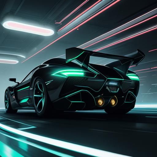 Diesel-Punk Supercar Speeds Through Neon Cityscape