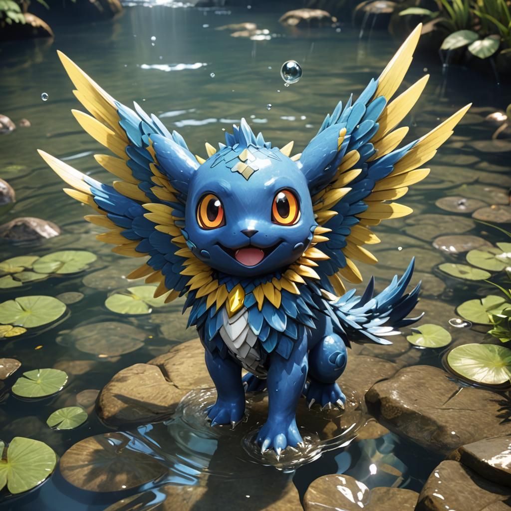 Cute Water Pokemon with Wings in Anime Style