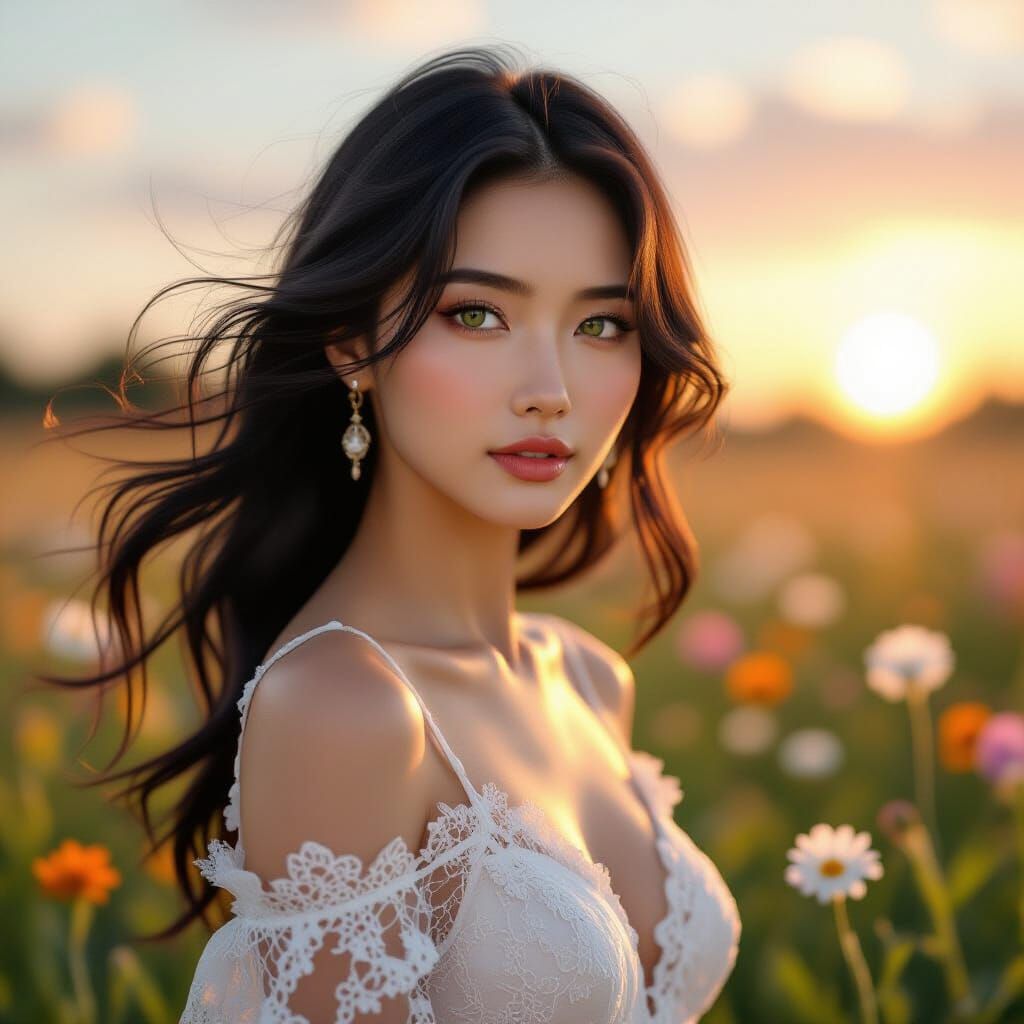 Woman in Wildflower Field at Dawn, Hyper-Realistic Style