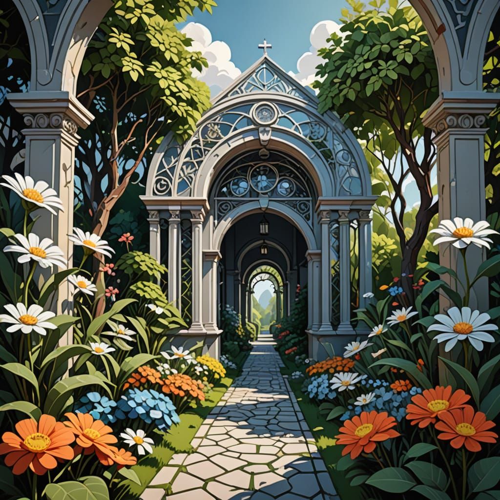 Cubist Garden Path with Silver Flowers