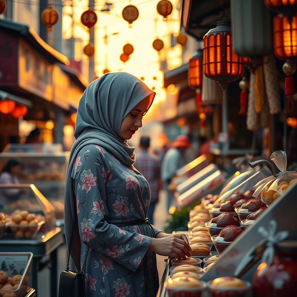 Golden Hour Street Market Scene in Vibrant Colors