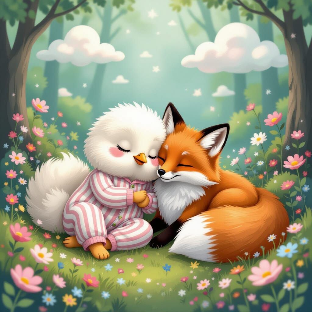 Whimsical Chicken and Fox Sleeping in Pastel Forest