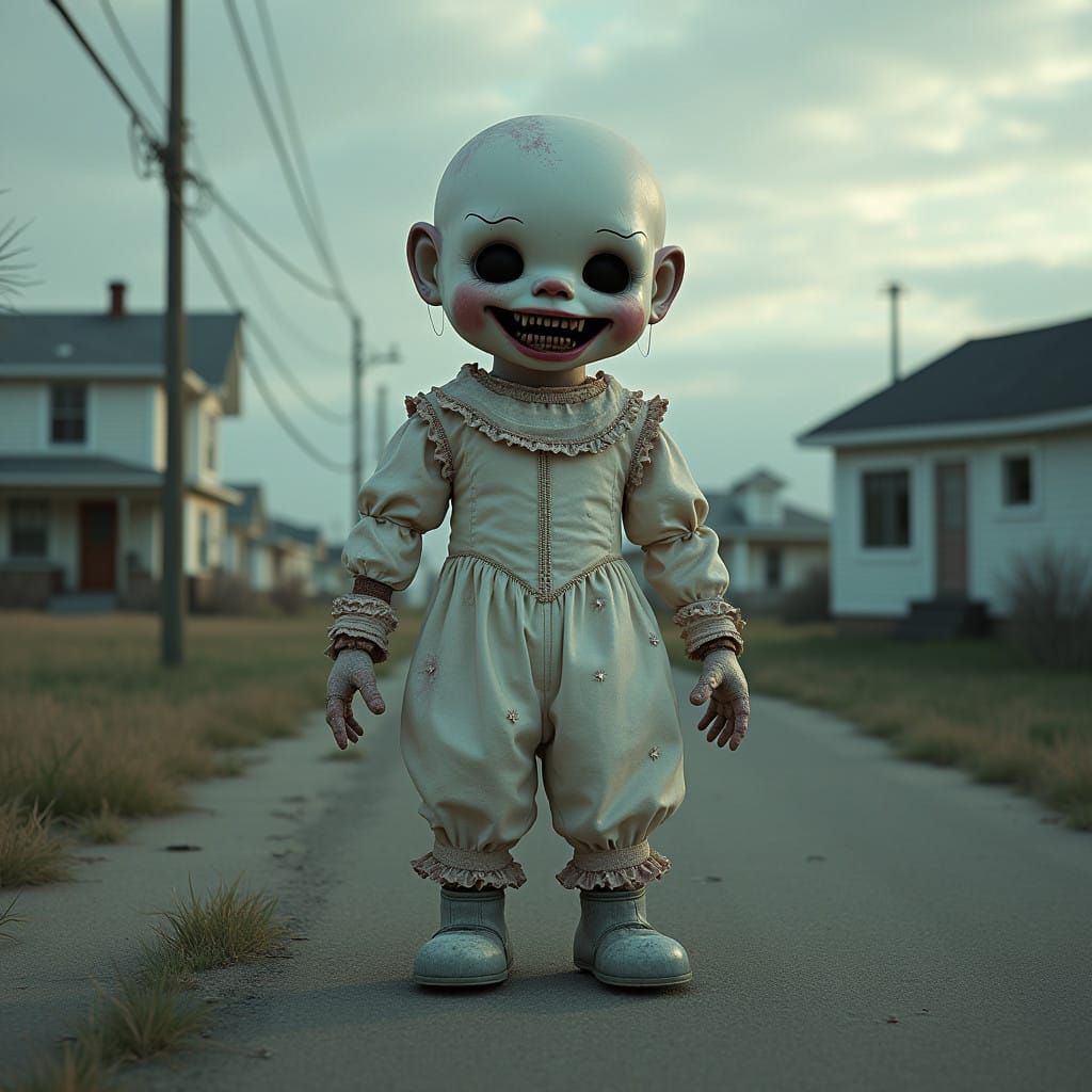 Ethereal Doll in Victorian Gown Haunts Desolate Suburban Lan...