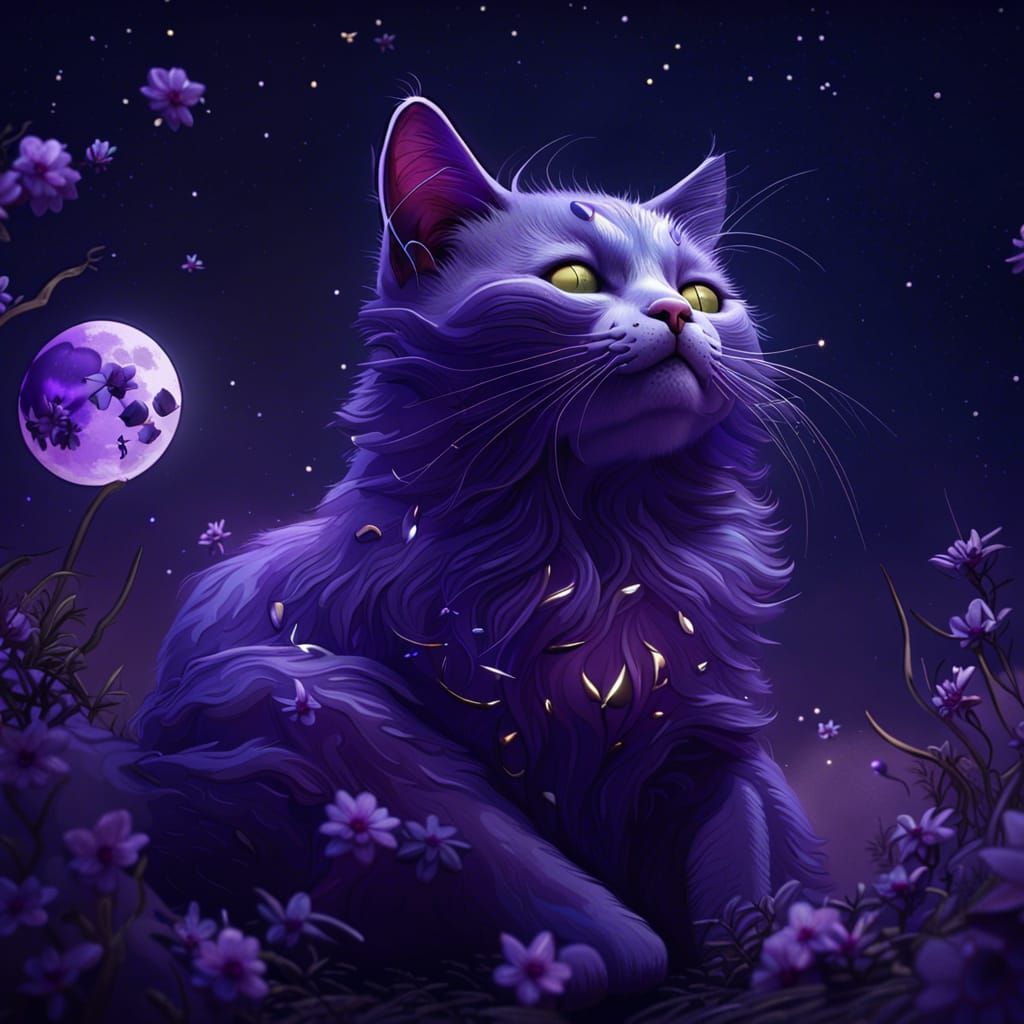 Cat Hugging Moon with Stars: Fantasy Concept Art
