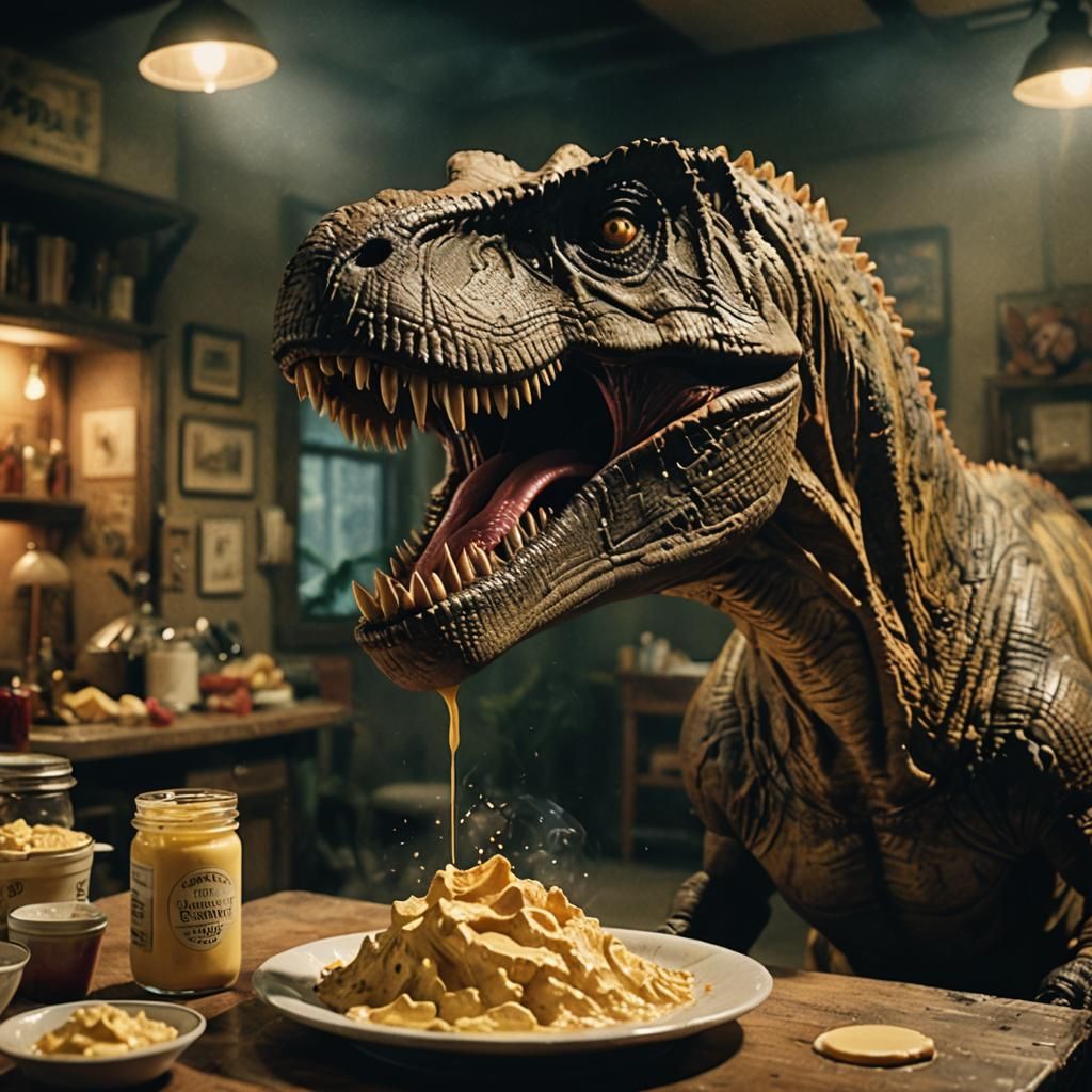 Dramatic T-Rex Coughing: A Cinematic Film Still