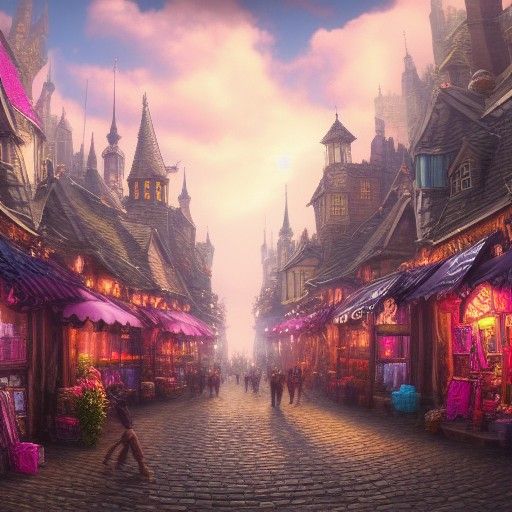 Kingdom Street Scene with Magenta Clouds