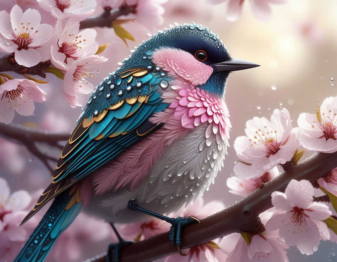 Ethereal Bird Amidst Cherry Blossoms in Soft Focus