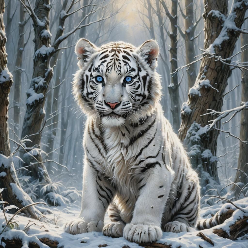 White Tiger Cub in Snowy Winter Forest