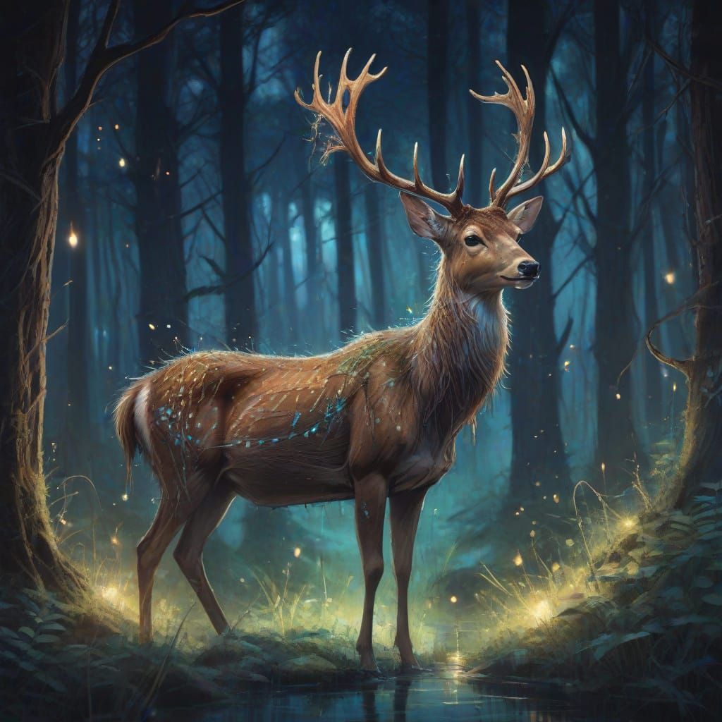 Ethereal Deer in a Moonlit Woodland Scene
