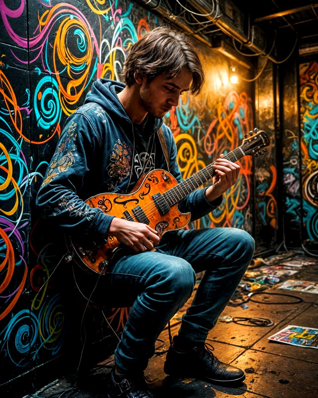 Musician Performs in Graffiti-Covered Underground Venue