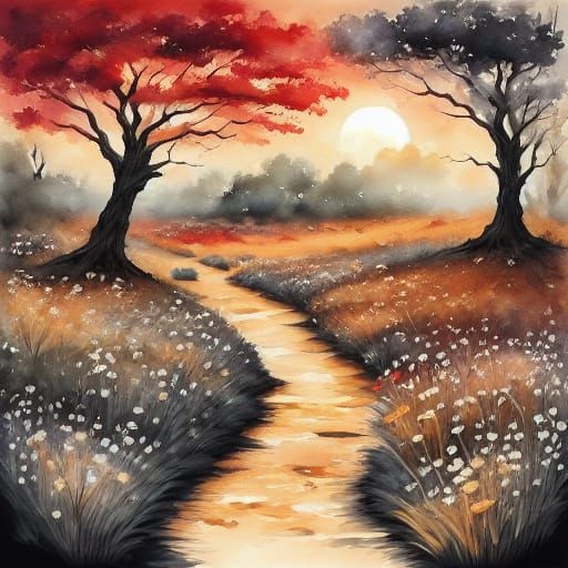 Ethereal Evening Moorland Scene in Whimsical Watercolor